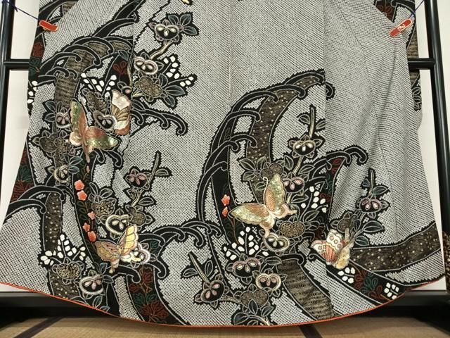 平和屋着物○豪華振袖 絞り 花蝶文 橘 黒地 金彩 正絹 逸品 AAAX0564zg