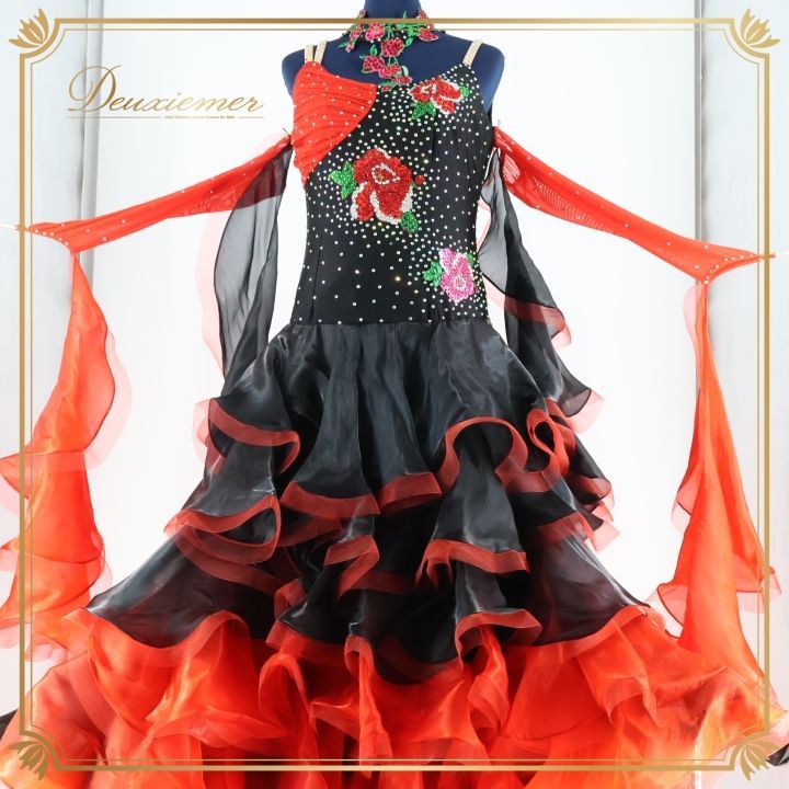 社交ダンス 衣装 ドレス ドレス ワンピース 黒 赤 フリル レース フロート パーティ 発表会 ブラック系 レッド系 ボリューム フリル ダンスウェア レディース ステージ衣装 競技会