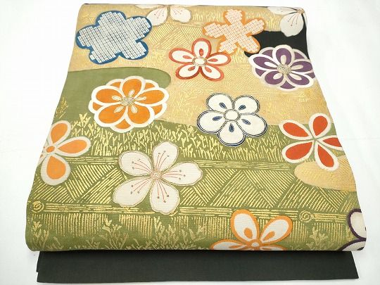 平和屋着物●アンティーク 大正ロマン 丸帯 引き抜き帯 駒刺繍 舞花文 金彩 正絹 CAAY2732hy