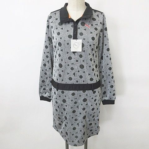 プーマ PUMA GOLF ゴルフ ワンピース 長袖 スタンドカラー 総柄 インナーパンツ 黒 ブラック グレー S