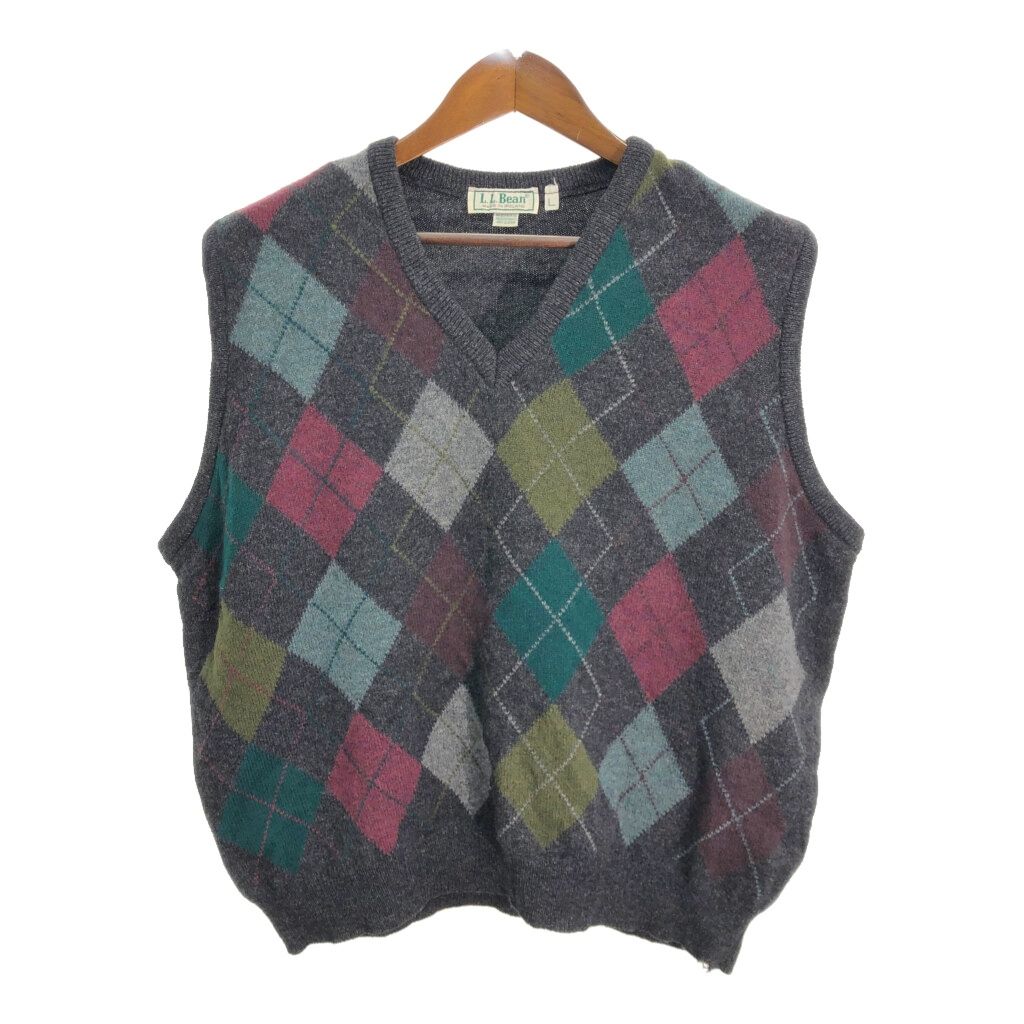 80年代 アイルランド製 L.L.Bean エルエルビーン ウール ベスト アウトドア アーガイルチェック グレー (メンズ L) 中古 古着 R0476
