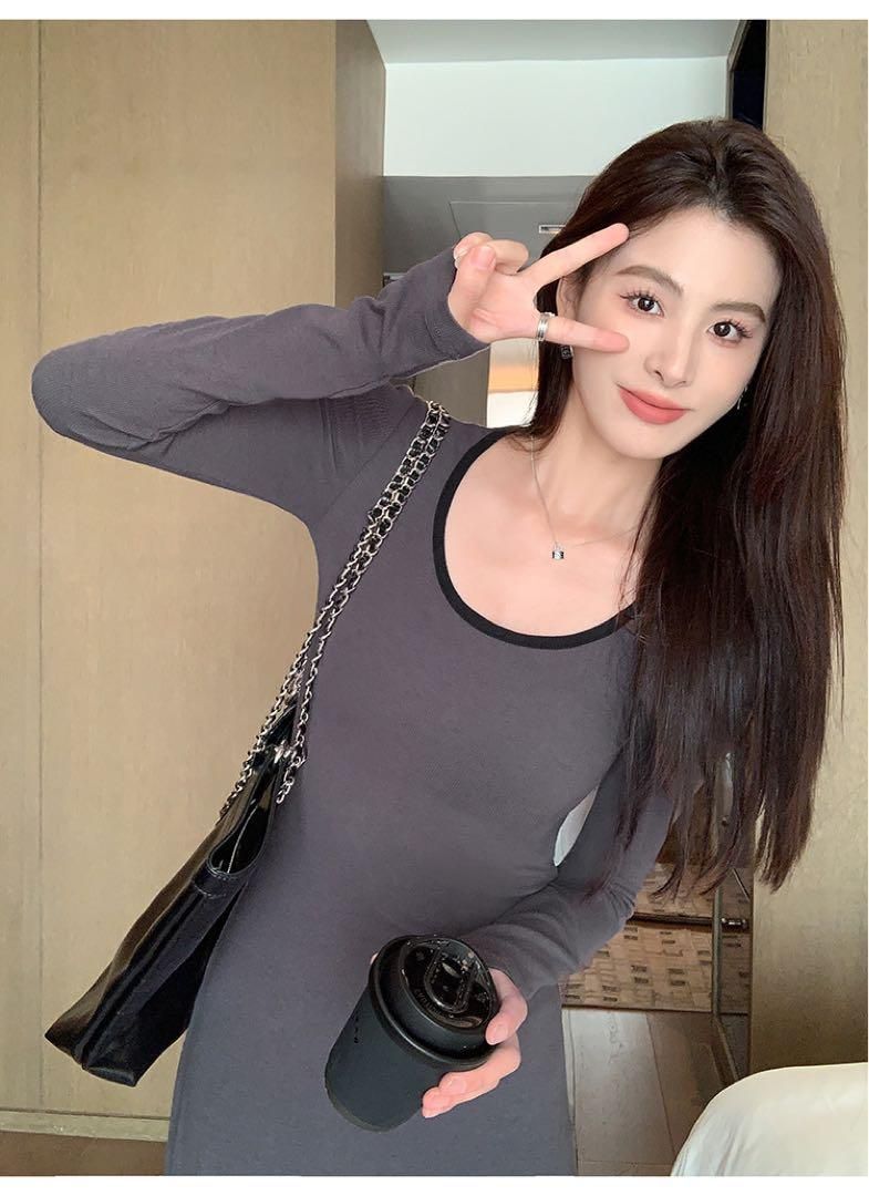 春のお出かけニットロングワンピースコントラスト