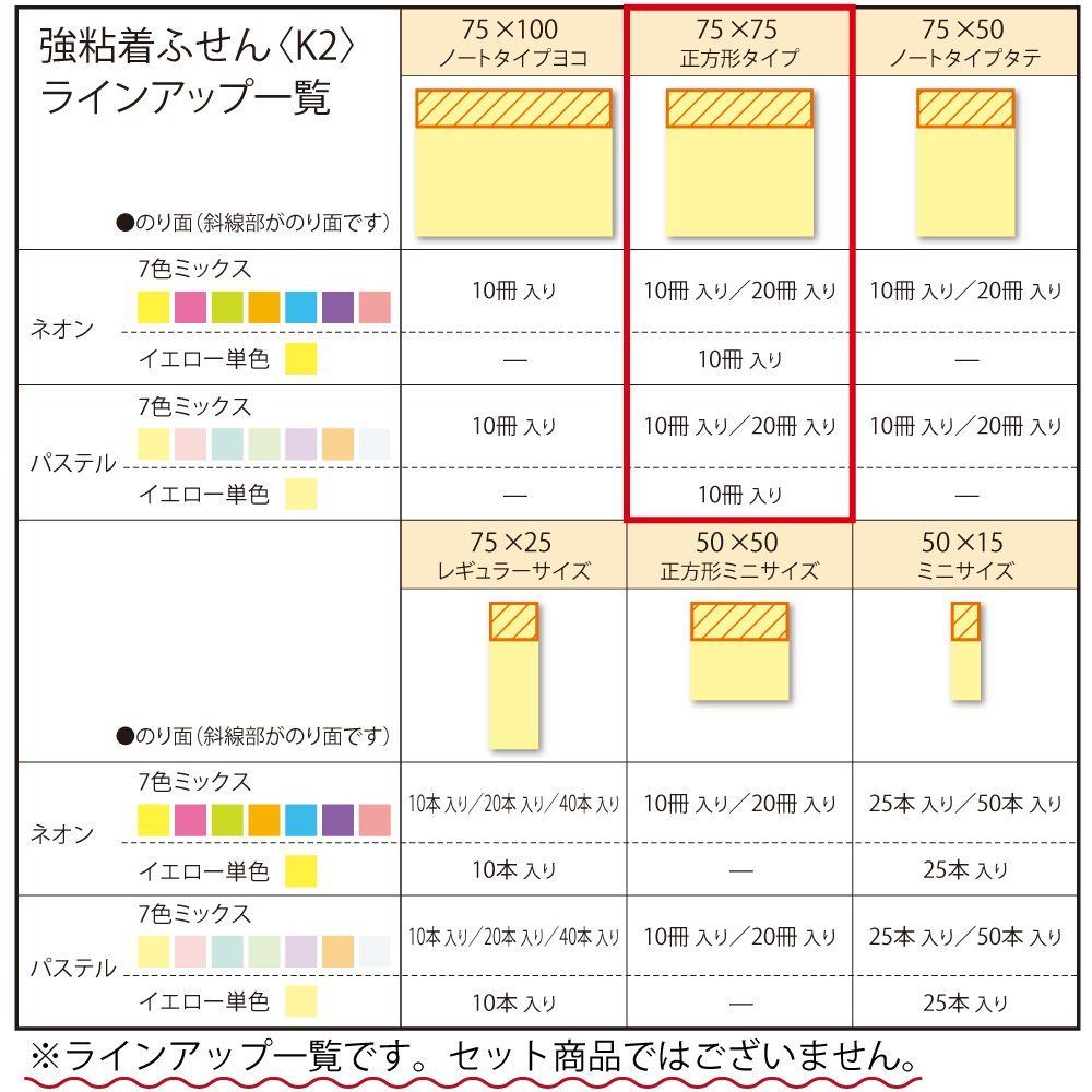 コクヨ 強粘着ふせんＫ２ ７５×７５ １０冊 正方形タイプ（パステル７