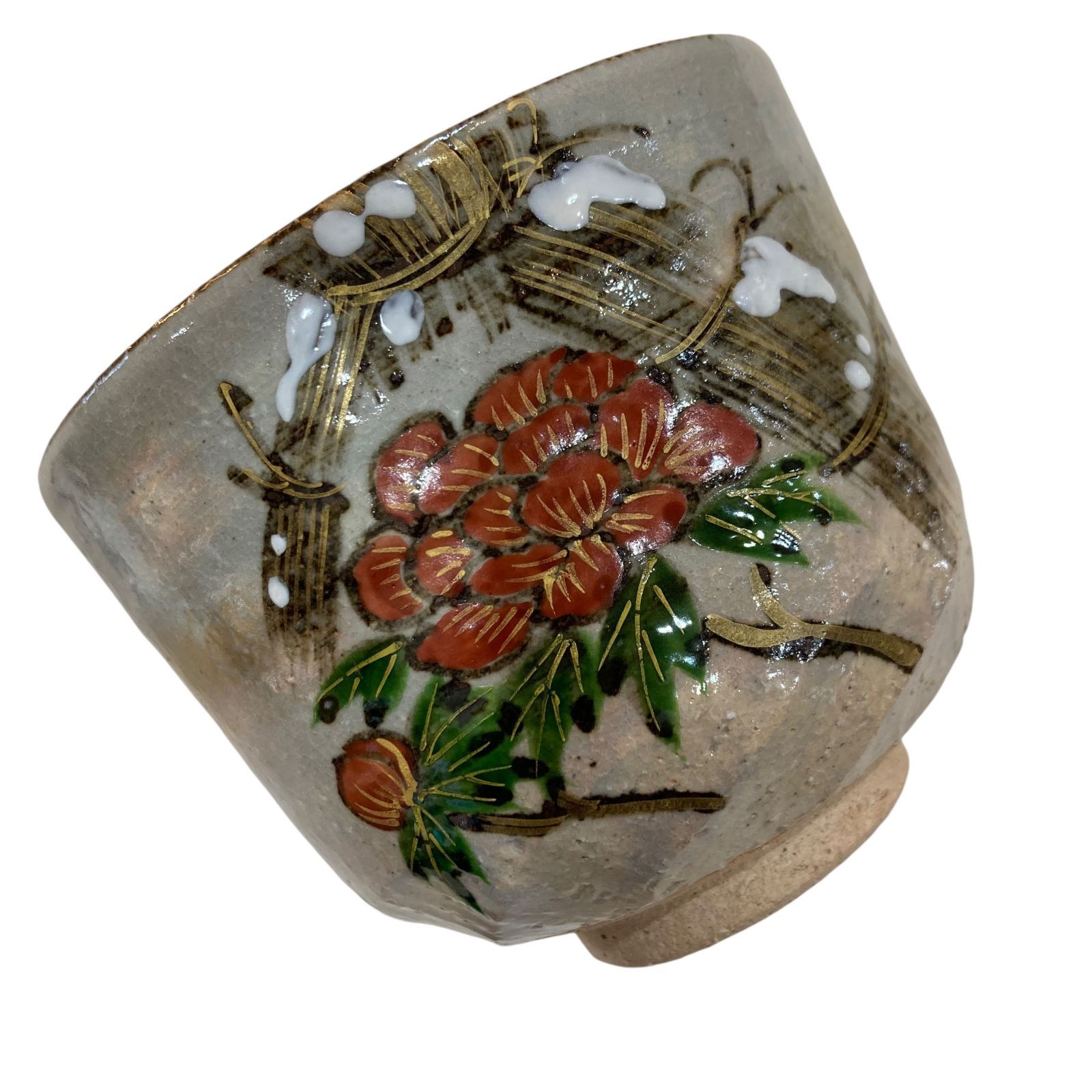 中古○京焼○八木 海峰 色絵抹茶椀 茶碗 金彩 寒牡丹 乾山写 在