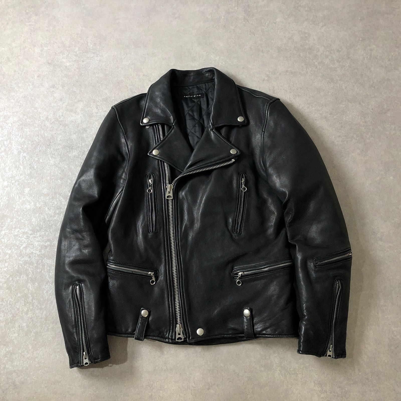 amphibian ラムレザー　羊革　ライダースジャケット　Ｌサイズ amphibian ラムレザー羊革ライダースジャケットLサイズ