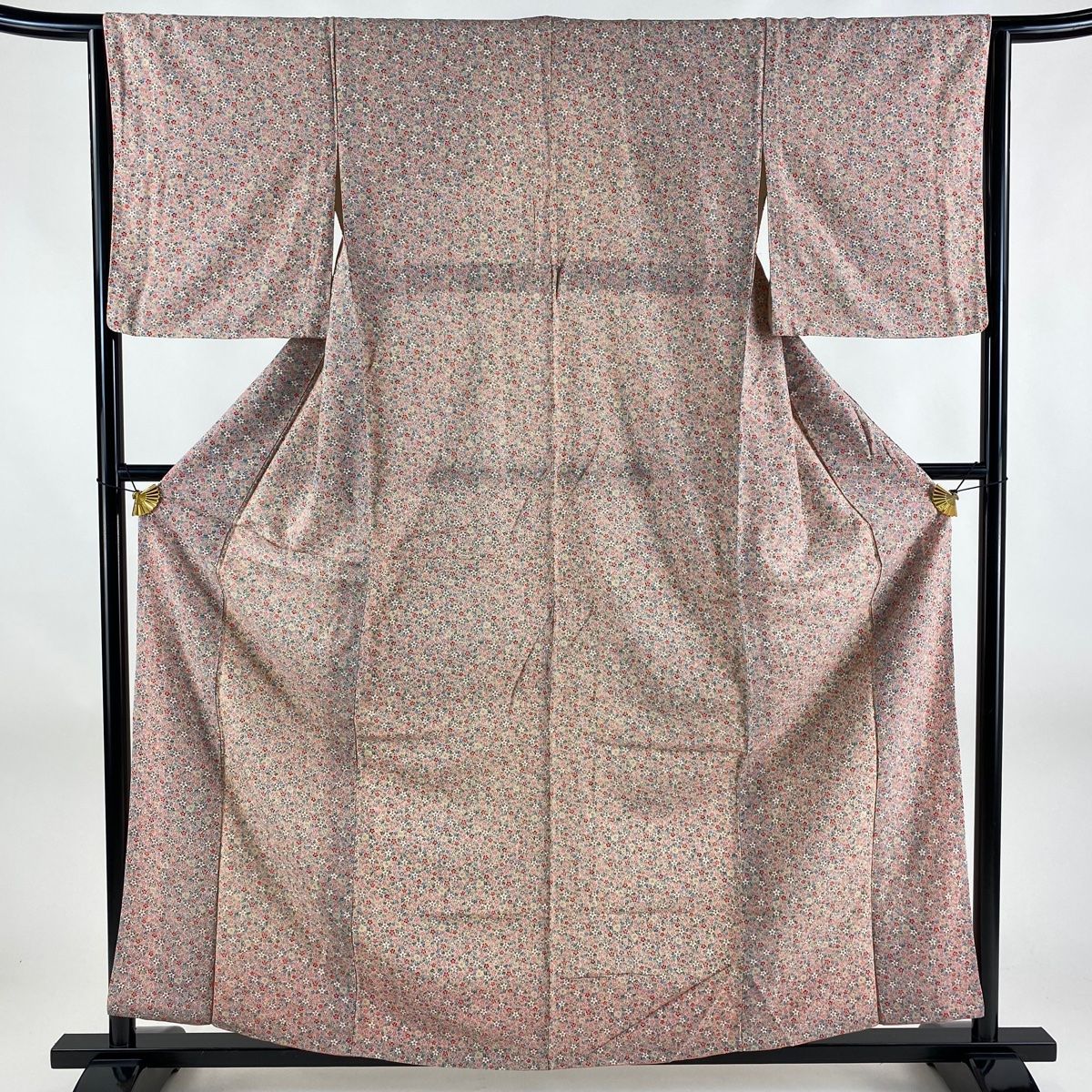 小紋 身丈160.5cm 裄丈64cm M 単衣 麻の葉 幾何学模様 灰緑 正絹 秀品  