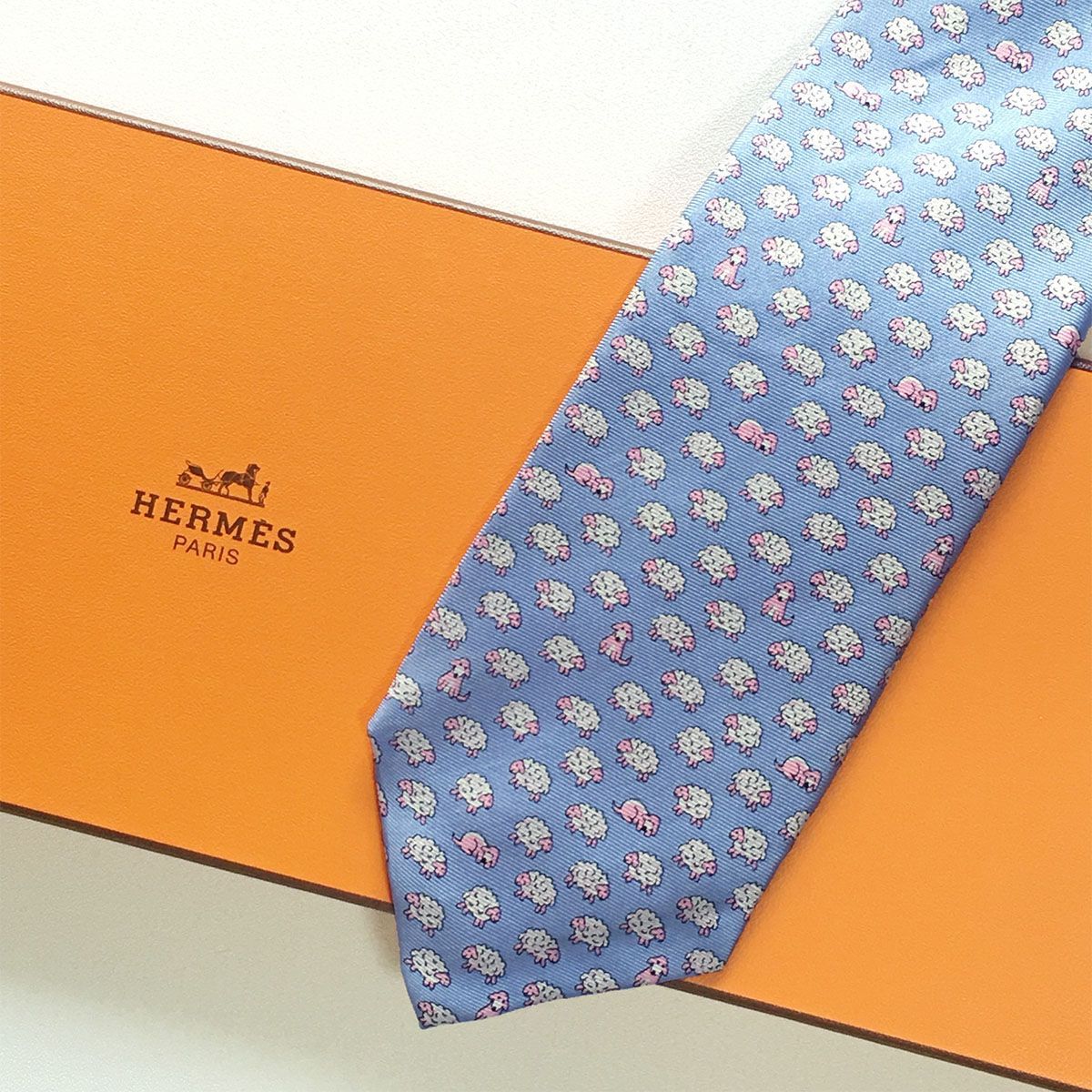 美品 エルメス HERMES ネクタイ シルク100% フランス製 ブルー 動物柄
