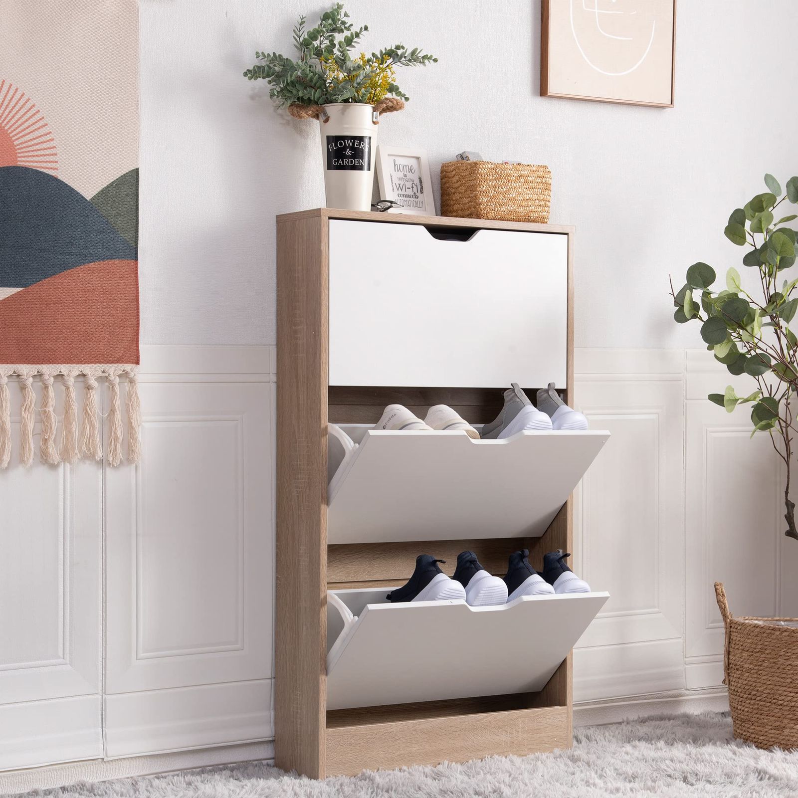 OSJ シューズラック スリム 薄型 省スペース 3段 下駄箱 大容量 奥行17cm 幅60cm 高さ108cm ナチュラル