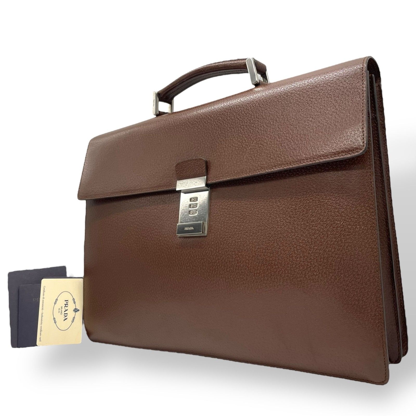 PRADA ビジネスバッグレザーシルバーロックハンドバッグブリーフ