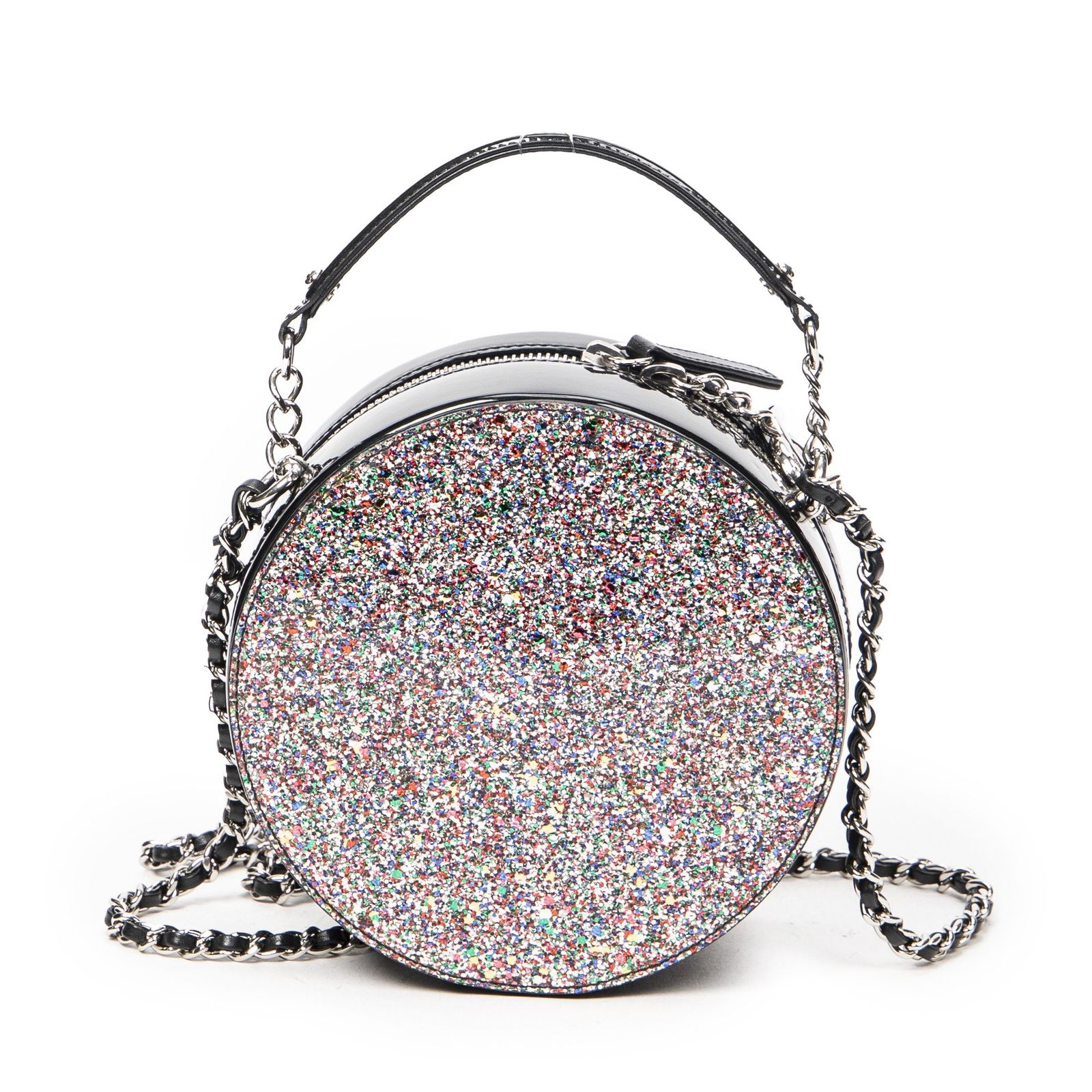 CHANEL シャネルCCラウンドグリッターチェーン クロスボディ黒 マルチカラーグリッターパテントレザーA