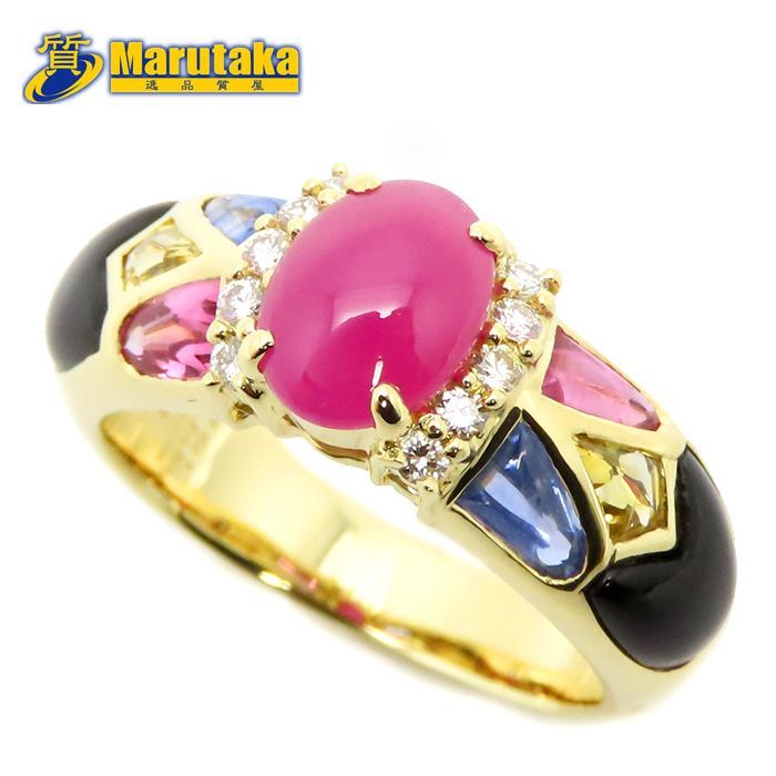 K18 ルビー 1.65ct サファイヤ 1.25ct ブラックカルセドニー