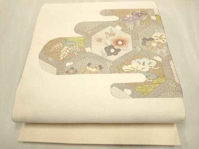 平和屋本店□極上 本加賀友禅作家 押田正義 塩瀬 九寸名古屋帯 花絵皿