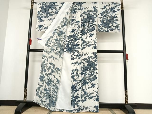 平和屋着物 夏物 小紋 藍 流水草花文 麻 AABA2509np