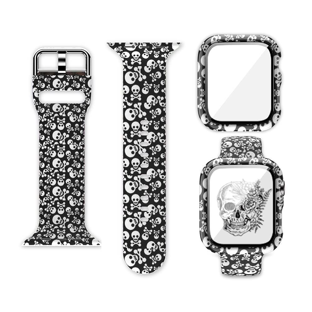 アップルウォッチバンド 腕時計ベルト Apple Watch シリコン バンド 40mm アップルウォッチケース ガラスフィルム付き アップルウォッチカバー 一体型保護フィルム付き プリント柄 花柄 交換バンド 柔らかスポーツ 交換ベルト メンズ