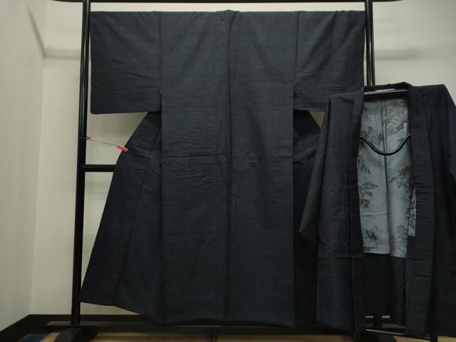 平和屋着物●男性 紬 アンサンブル 濃紺地 正絹 CAAT0560dy