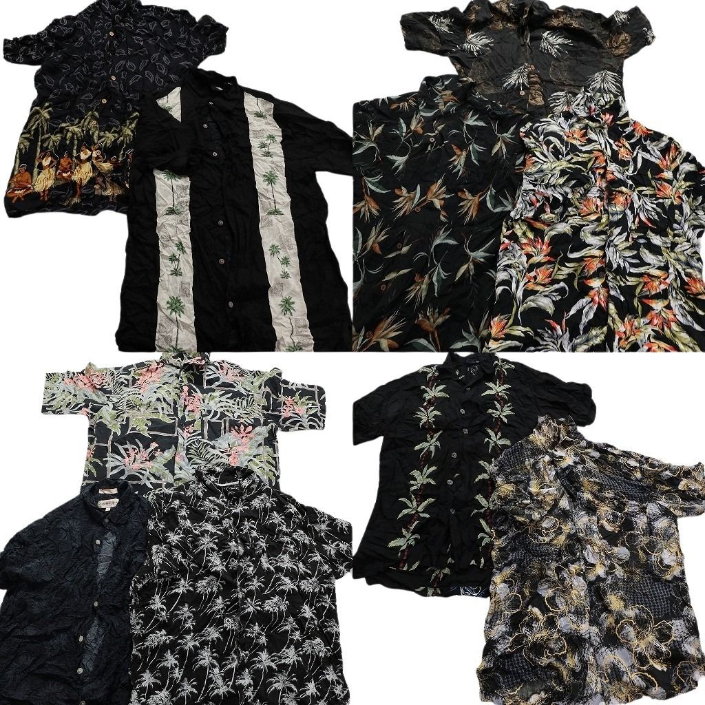 古着卸 黒ボディ アロハシャツ 半袖シャツ 10枚セット メンズ M パームツリー フラガール リーフ柄 古着 NA3209