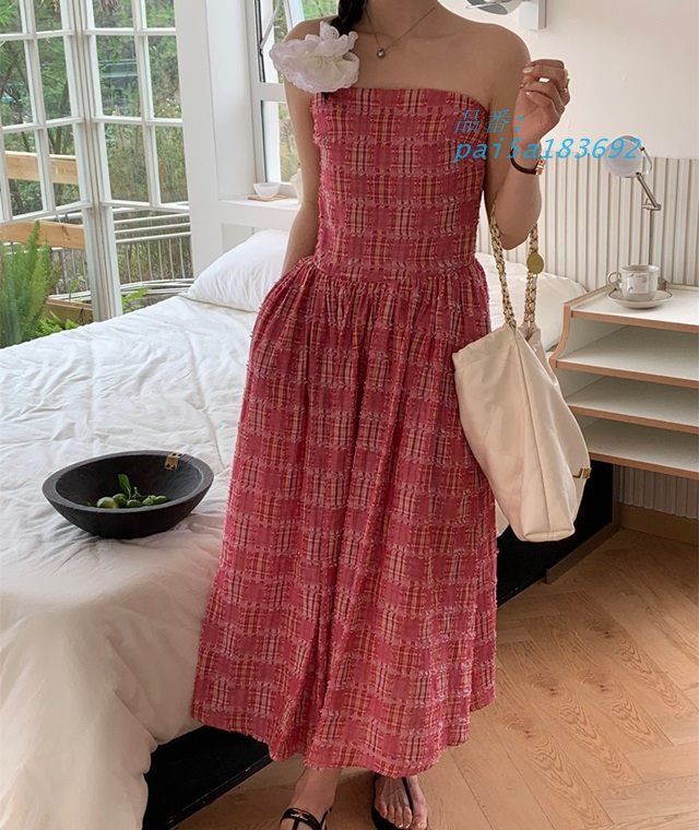 ワンピース ロング チューブトップ ベアトップ ワンピース チェック カジュアル ゆったり ワンピース ワンピース レディース 体型カバー マキシ丈 夏 ワンピース pai5a183692