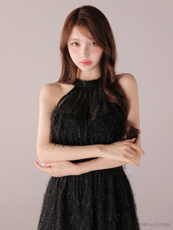 ブラック DE 4318-P-2509 Lサイズあり DEA. ディア フリンジジャガード サテン ロング ワンピース ミモレ丈 マキシ丈 ミディアムドレス キャバドレス long