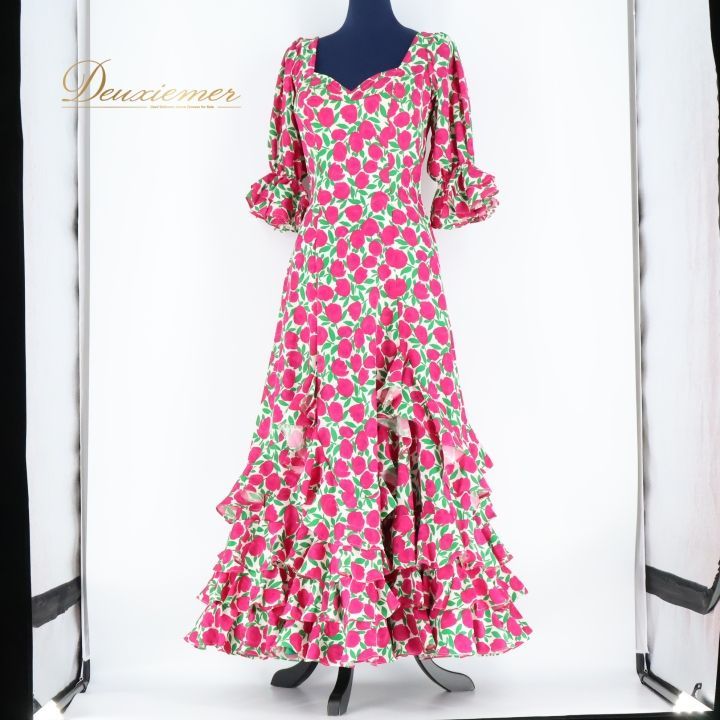 フラメンコ 衣装 ワンピース ドレス ボランテ フリル 花柄 緑 ダンス