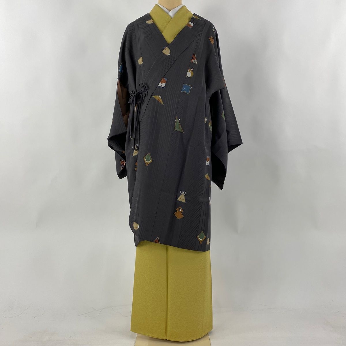 道中着 身丈98cm 裄丈64cm M 和装コート 着物衿 金太郎 縮緬 灰紫 正絹  