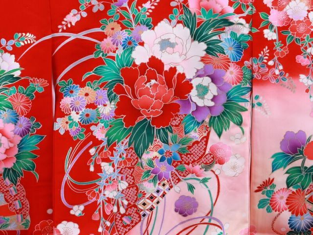 お宮参り 着物 正絹 長襦袢 セット 女児 女の子 子供 産着 祝着 金加工入り un-213 赤