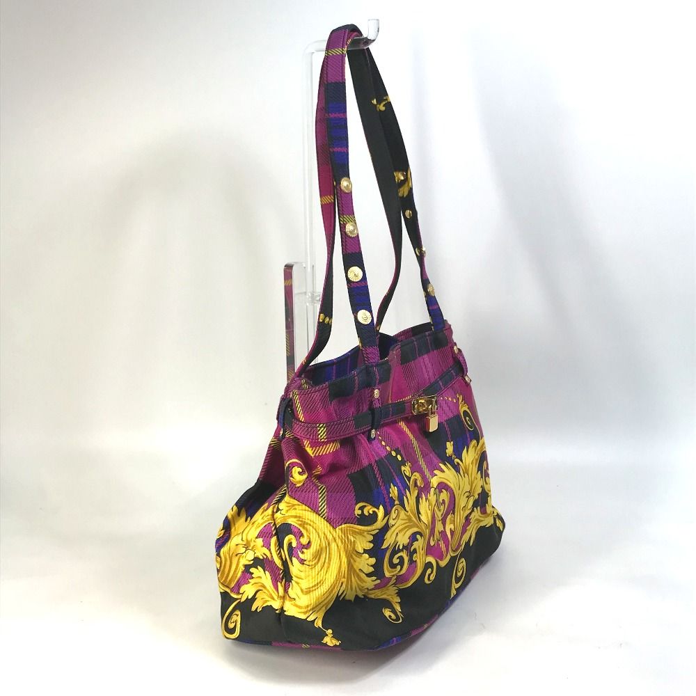 VERSACE ヴェルサーチ トートバッグ チェック柄 キャンバス - メルカリ