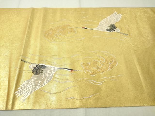 平和屋着物○西陣 長嶋成織物謹製 太鼓柄袋帯 波涛瑞鶴文 瀞金錦 本  