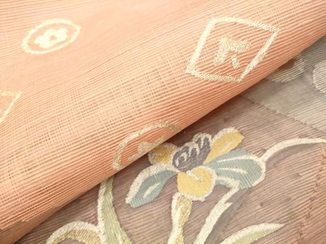 平和屋着物＊夏物 太鼓柄袋帯 すくい織 草花 金銀糸 正絹 逸品