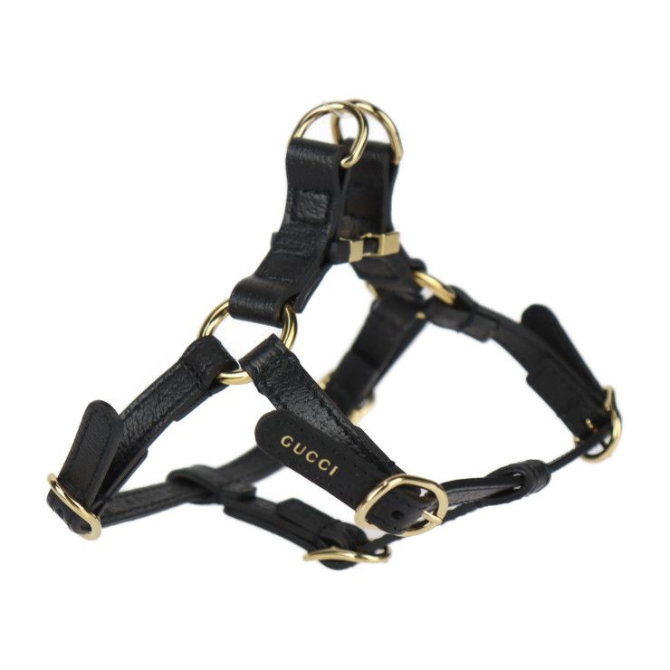GUCCI グッチ 犬用 ハーネス その他雑貨 692965 レザー ブラック ゴールド金具 ドッグ ペット 本物保証