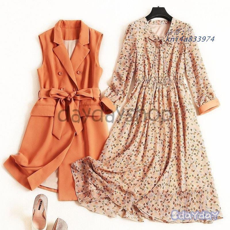 セットアップ ジャケット ワンピース 襟付き 総柄 シフォンワンピ フロントボタンガー定番 ボウタイリボン 長袖 女子会 ウエストリボン kni4a833974