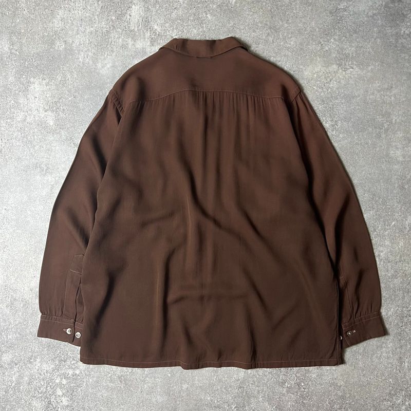 40s NATIONAL 無地 長袖 レーヨン ギャバジン オープンカラー シャツ L