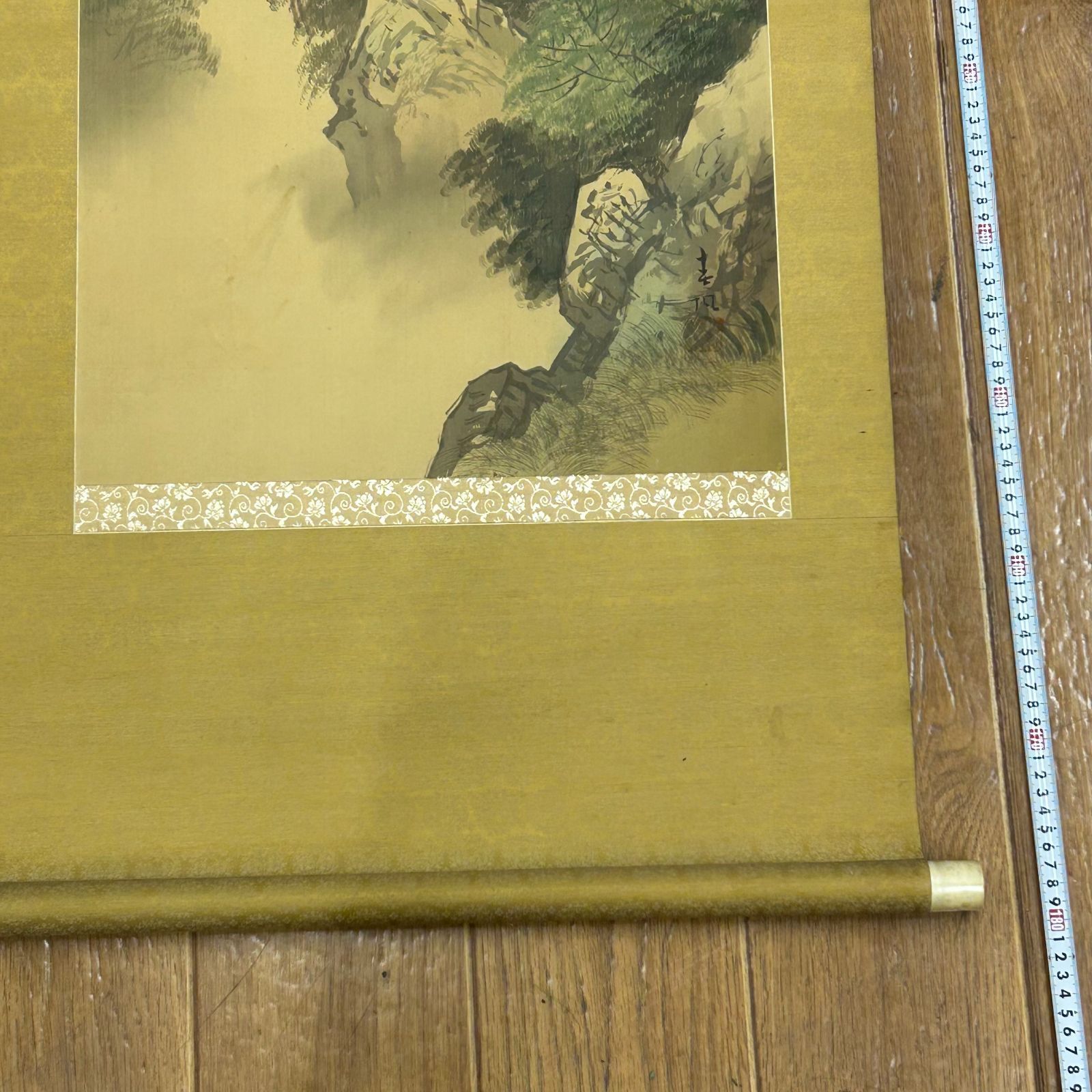 掛軸 水墨山水図 作者不明 落款あり 箱付き 山水画 風景画 彩色