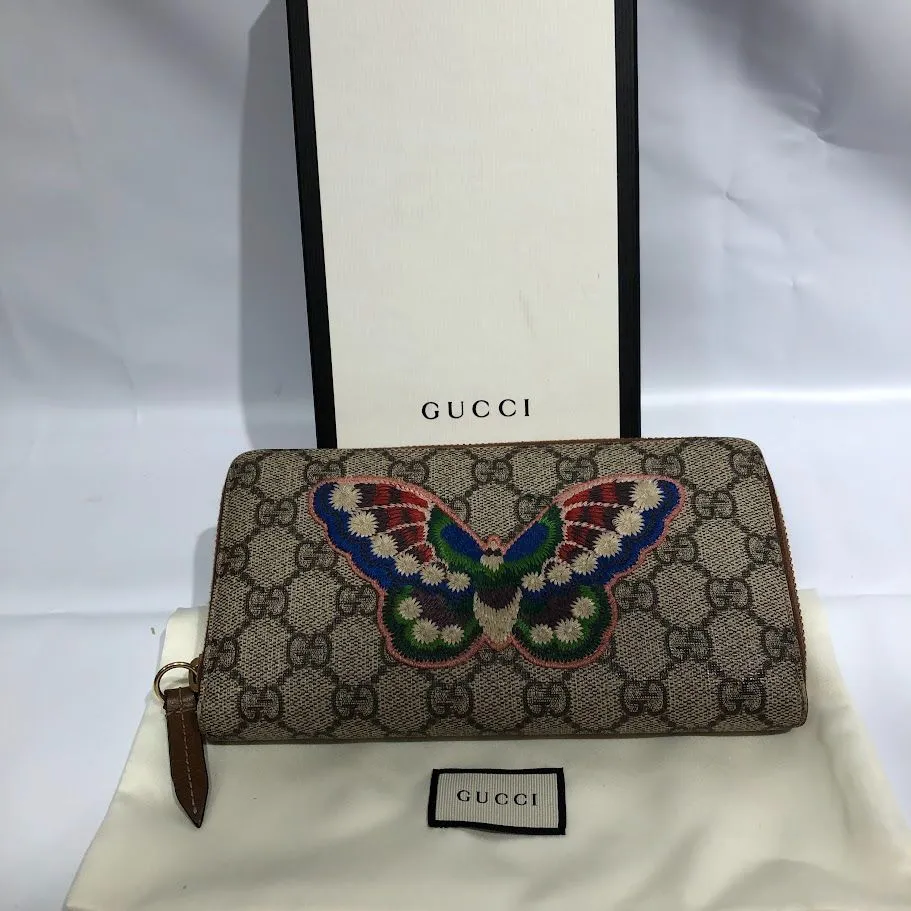GUCCI グッチ GGスプリーム バタフライ 蝶 刺繍 ラウンドファスナー 長 