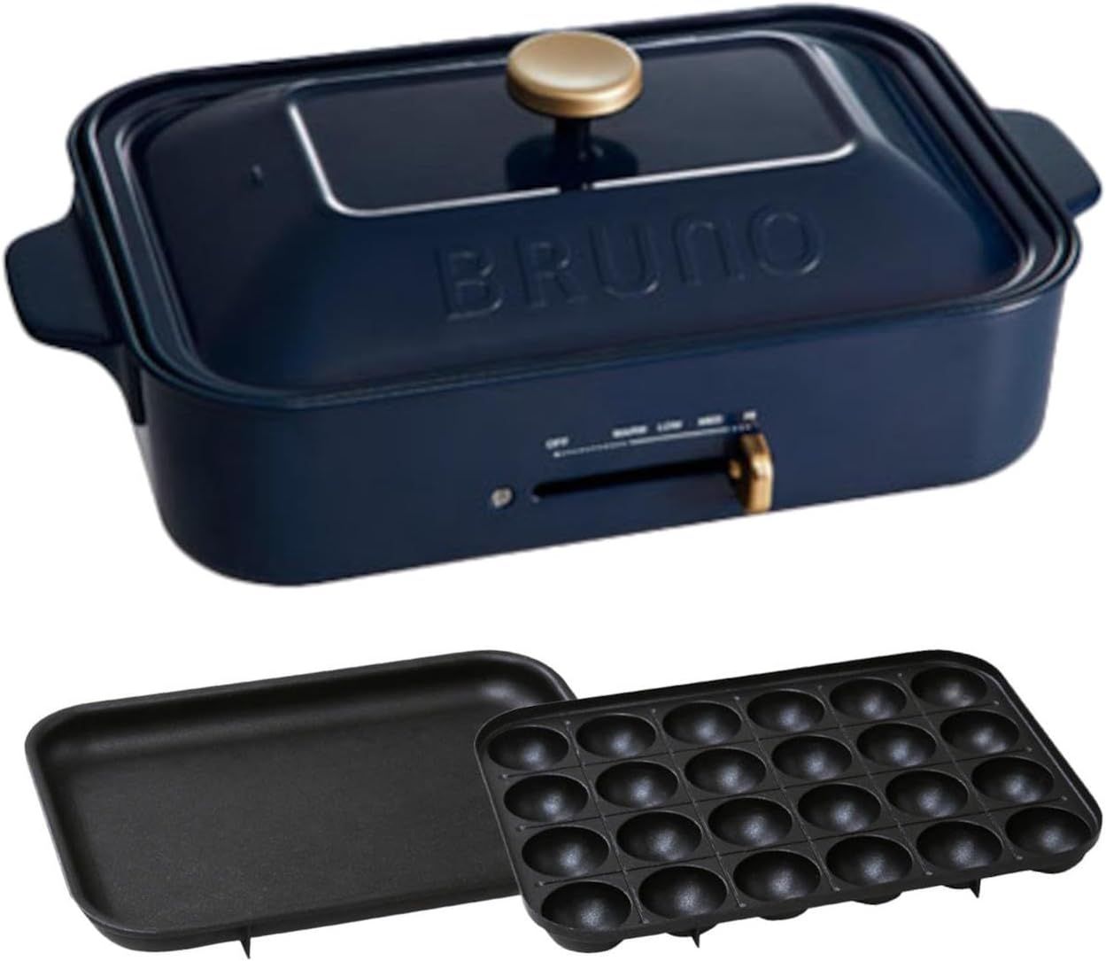 BRUNO ブルーノ コンパクトホットプレート 本体 プレート2種(たこ焼き 平面) ネイビー Navy 紺 おしゃれ かわいい これ1台 蓋 ふた付き 1200w 温度調節 洗いやすい 1人 2人 3人用 小型 小さいサイズ 