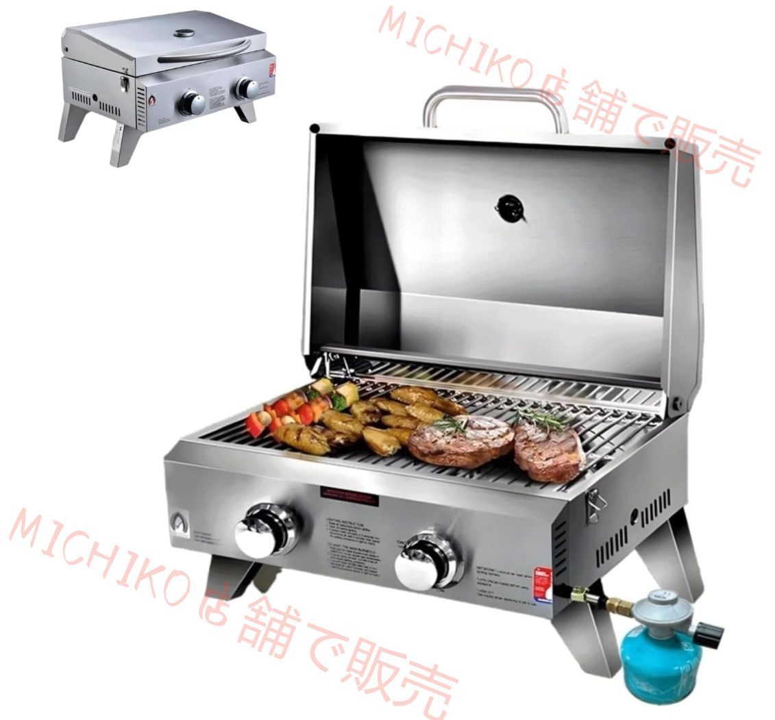 バーベキュー コンロ ガス 新登場 ステンレススチール プロパン 卓上 ガスグリル 2バーナー BBQ 折りたたみ式 脚付き 20000 BTU お手入れ簡単 持ち運び キャンプ ピクニック アウトドアに最適