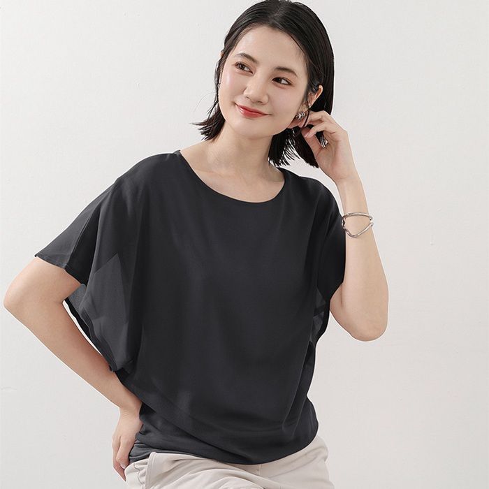 Tシャツ レディース きれいめ 40代 春夏 上品 半袖Tシャツ ブラウス ドルマンスリープトップス シフォン切り替え裾 オシャレ 韓国風 ゆったり 大きいサイズ ドルマンスリーブ シフォントップス シフォン ブラウス