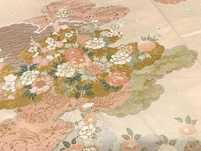 平和屋着物●訪問着　駒刺繍　雲重ね草花文　金彩　正絹　逸品　AAAV7358zg 平和屋着物○訪問着 駒刺繍 雲重ね草花文 金彩 正絹 逸品 AAAV7358zg