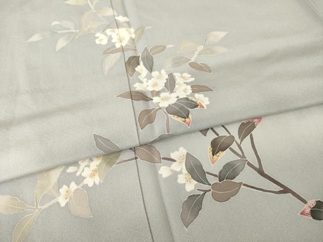 平和屋着物●訪問着　友禅　作家物　紬地　枝花文　正絹　逸品　AABA6672ck 平和屋着物○訪問着 友禅 作家物 紬地 枝花文 正絹 逸品