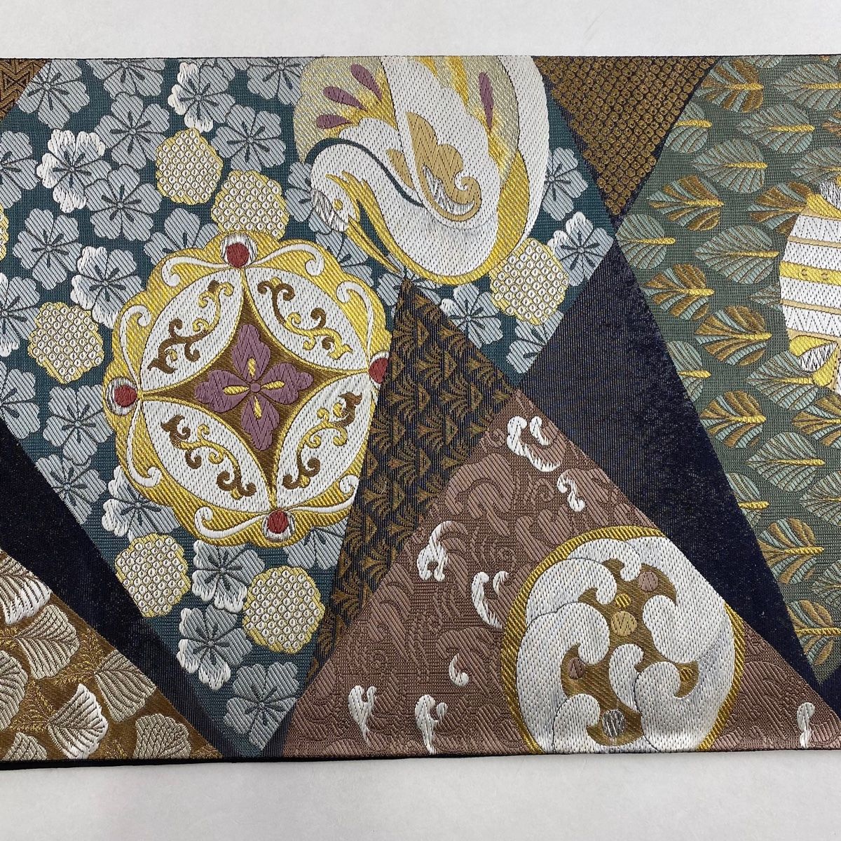 袋帯 美品 秀品 七宝華文 鳥 金銀糸 唐織 灰緑 六通 正絹 中古