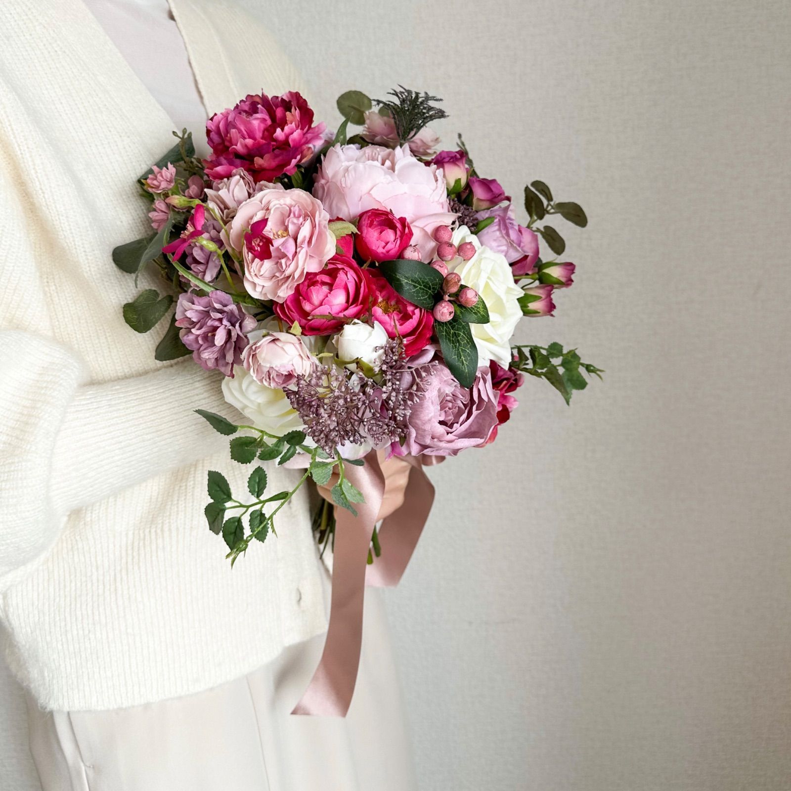 ウエディングブーケ ブートニア 造花 ピンク 薔薇 ピオニー 芍薬 