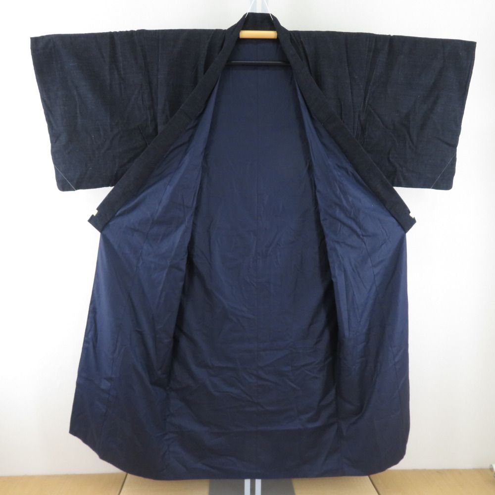 男着物 紬 アンサンブル 袷 黒青色 正絹 男性用きもの メンズ 仕立て