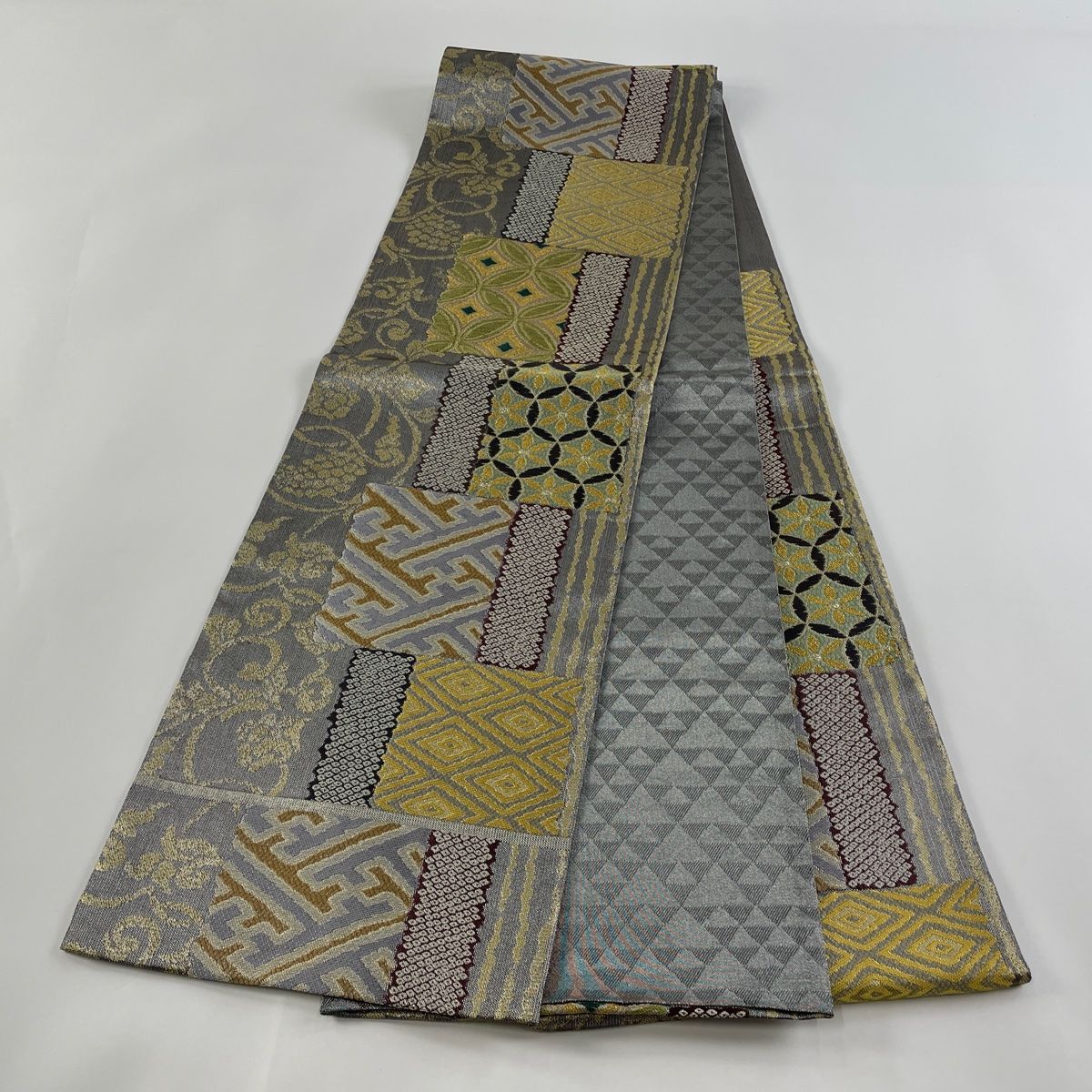 美品】 袋帯 名品 七宝花菱 金糸 箔 灰色 六通 正絹 【】 【公式通販】