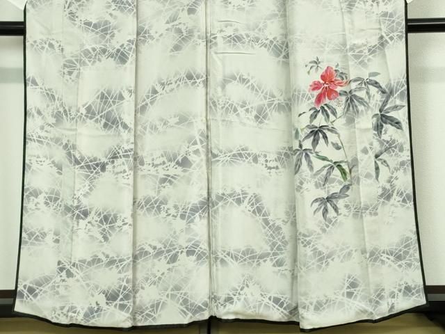 平和屋着物■極上　訪問着　無双　紗袷　紗×絽　手描き　ハイビスカス　黒地　逸品　DZAA9400kh5 平和屋着物▽極上 訪問着 無双 紗袷 紗×絽 手描き ハイビスカス 黒地