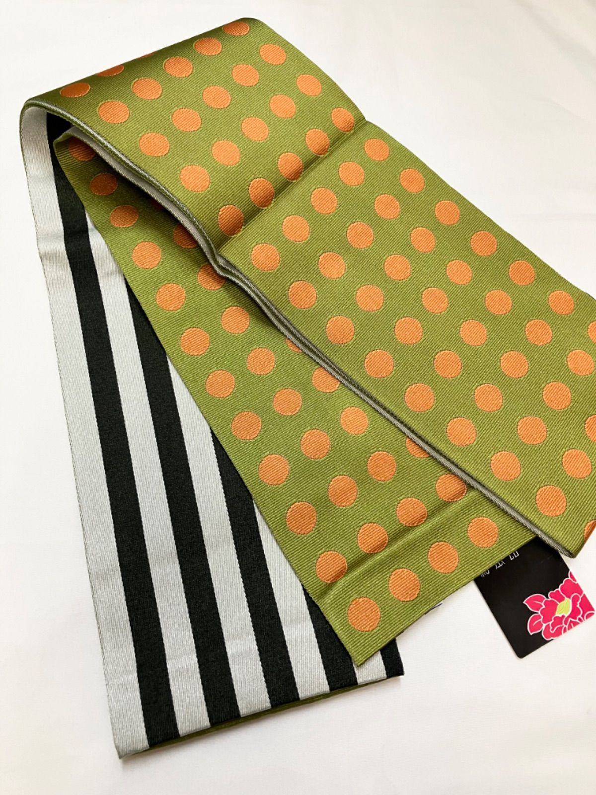 ≪花ラブリ≫HO 560緑 半巾帯 リバーシブル ストライプ ドット 水玉 緑 オレンジ 和装 和服 ハロウィーン 7700 N 2
