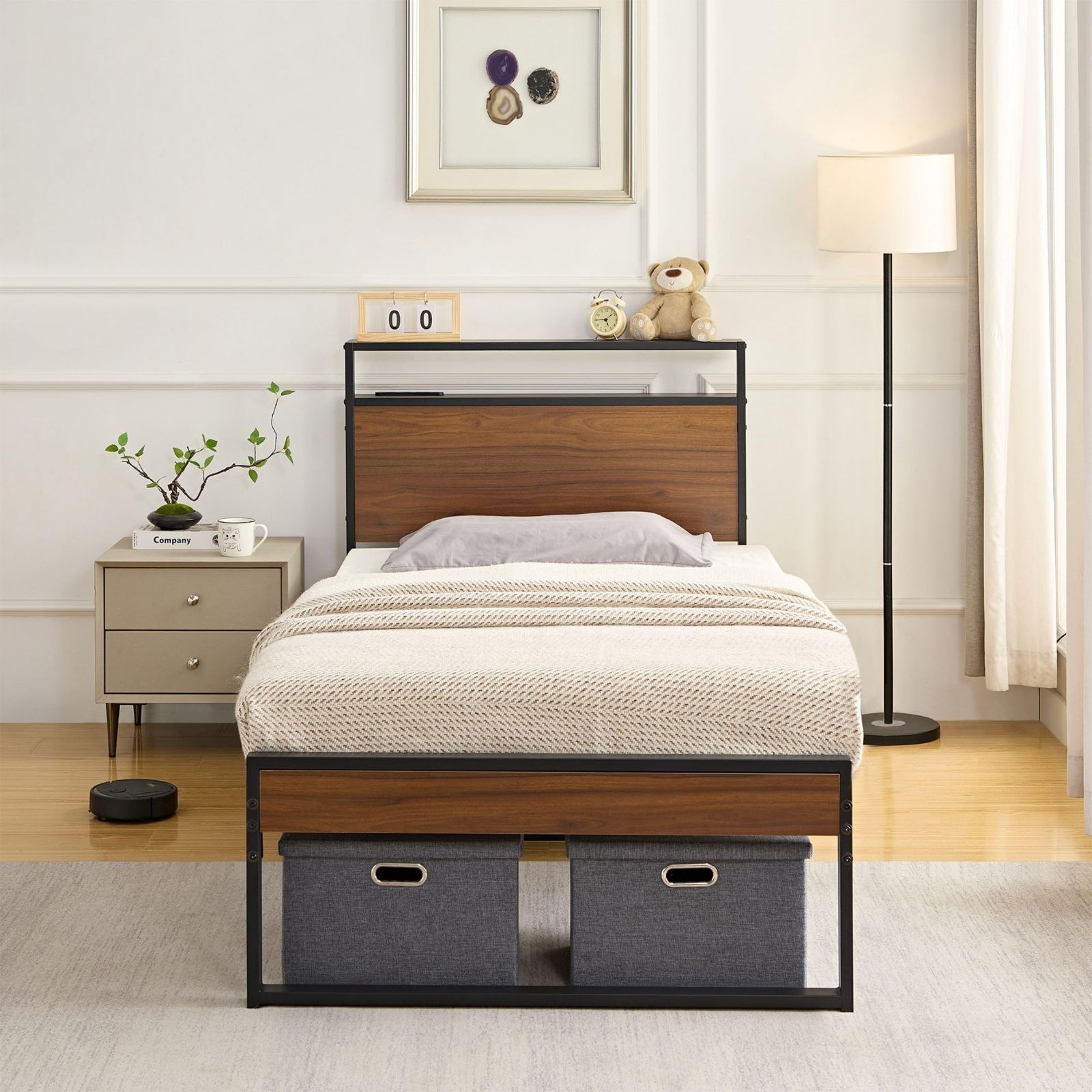 スチールベッド 宮棚付き 2口コンセント付き パイプ シングルベッド 防錆 シングル 頑丈 安定性 耐久性 ベッドフレーム 耐荷重300KG 組立簡単 スチールベッドフレーム VECELO 幅97x奥行195x高さ95cm ブラック-ウォルナット WWW_KANDAIZUMI_COM