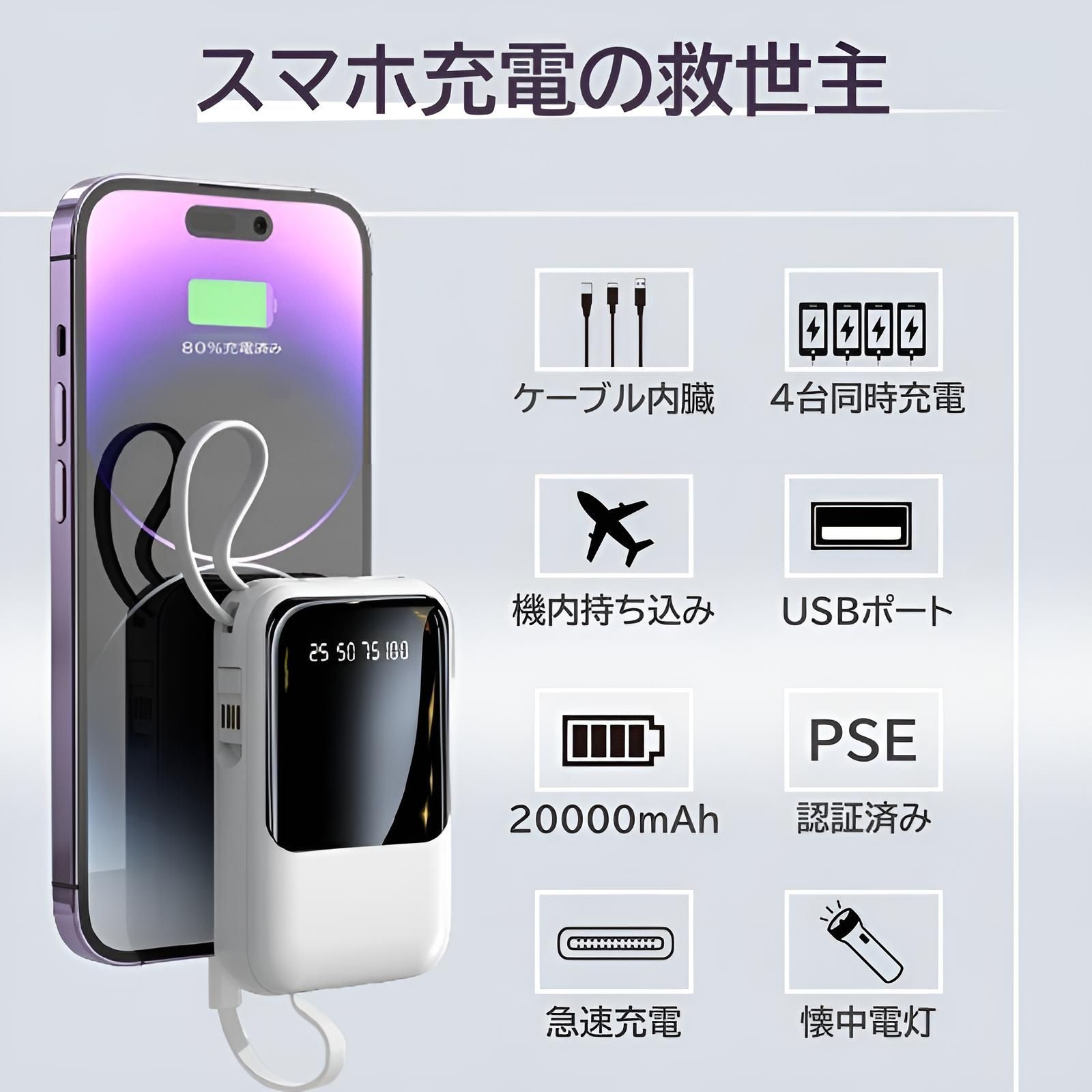 モバイルバッテリー 大容量 20000mAh 軽量 小型 iPhone Type C 急速