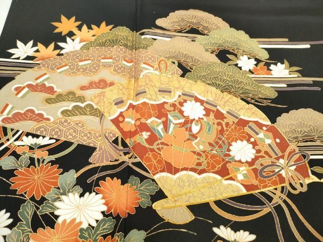 平和屋着物□豪華色留袖 駒刺繍 檜扇風景花文 金彩 正絹