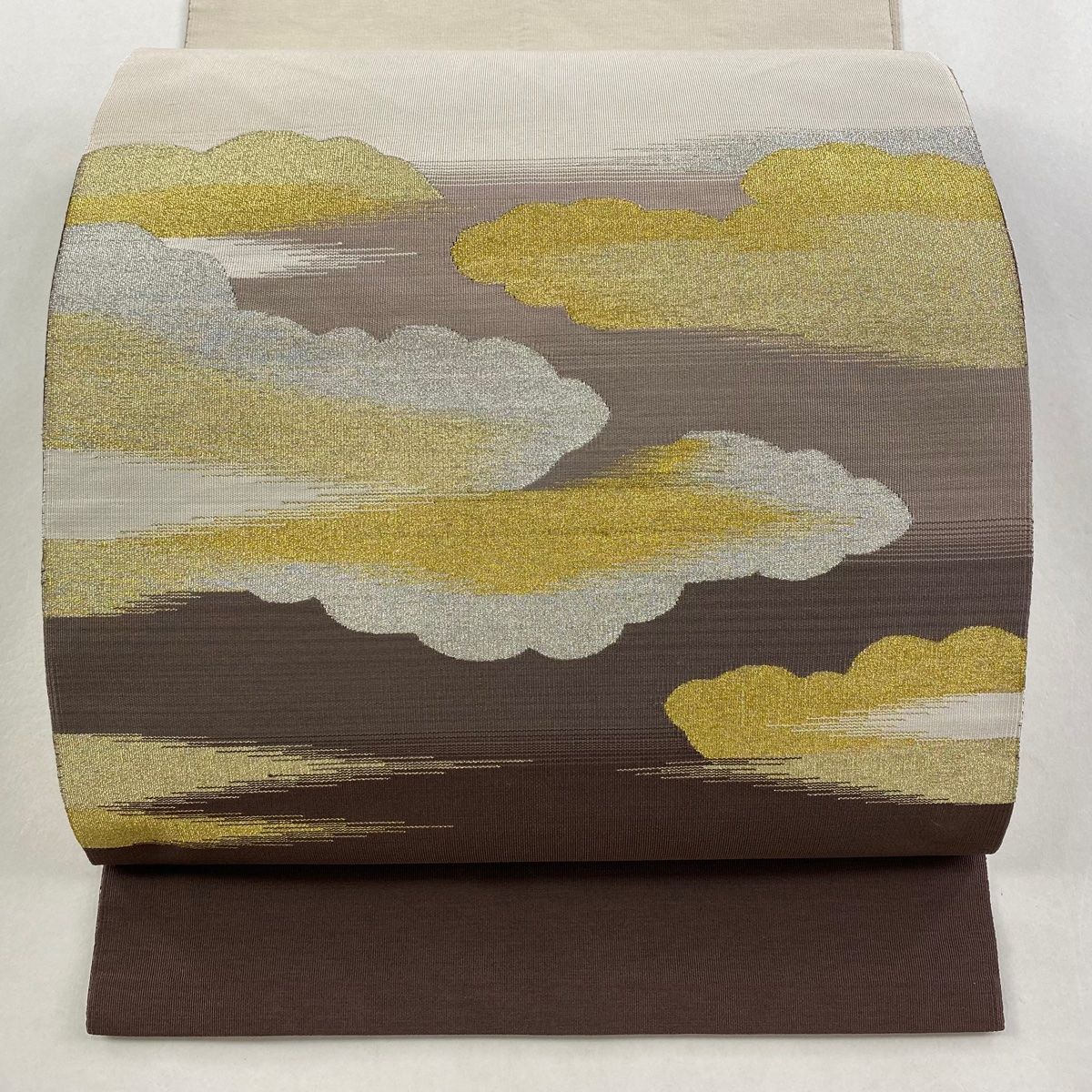 名古屋帯 秀品 八寸名古屋帯 雲文 霞 金銀糸 茶色 正絹