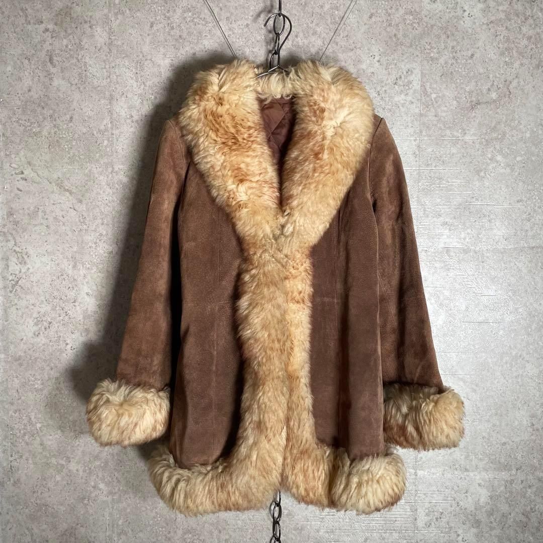韓国製 ヴィンテージ シープスキン スウェードムートンコート ファー ブラウン系
