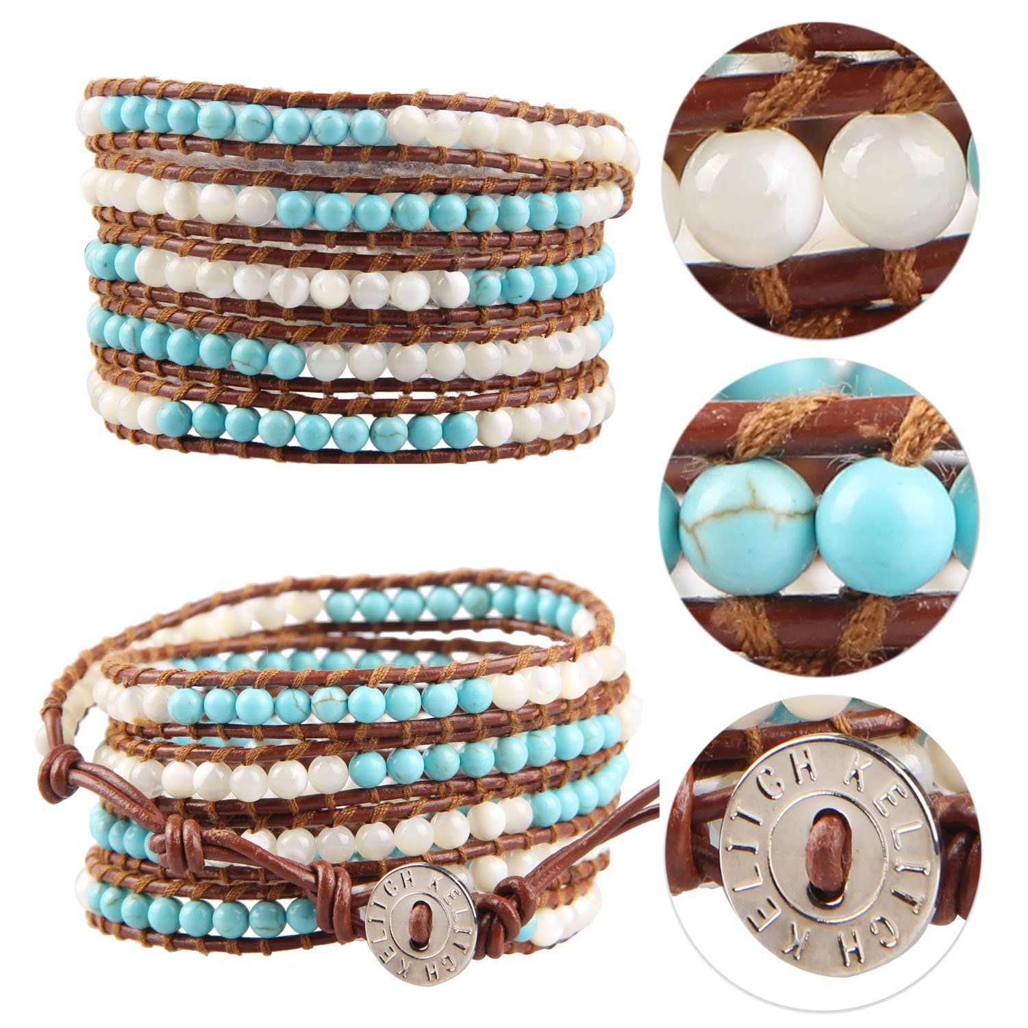 KELITCHファッション クリスタルミックスビーズ5ラップブレスレット天然レザーハンドメイドの新しい女性のジュエリー ブルーシェル